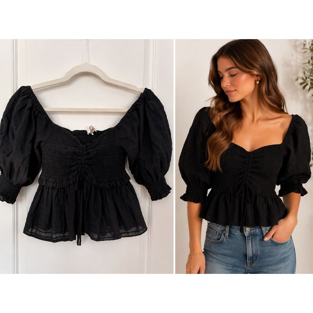 WAYF Black Smocked Puff Sleeve Peplum Crop Top Cottagecore Babydoll Coquette XS